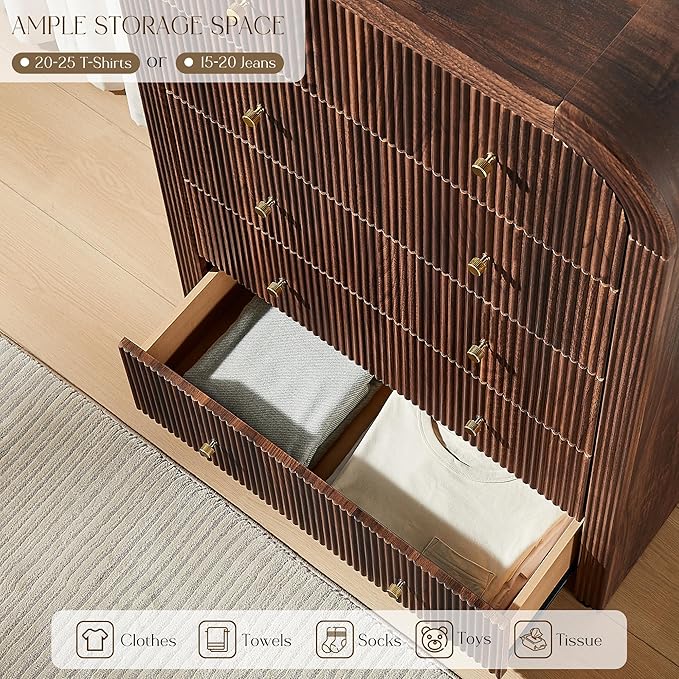 T4TREAM Fluted 5 Drawers Dresser, 48" Tall Modern Chest of Drawers with Thickened Curved Profile Design, Wood Closet Clothes Storage Organizer for Bedroom, Living Room, Hallway, Dark Walnut