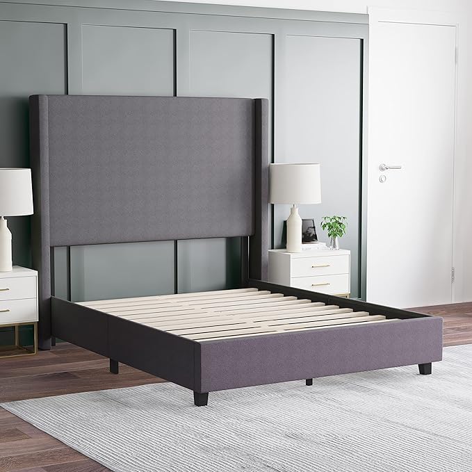 EMMA + OLIVER Nora Full Size Faux Linen Upholstered Platform Bed with Plush Padded Wingback Headboard (No Box Spring Needed), Modern Upholstered Headboard Full Bed Frame, Gray