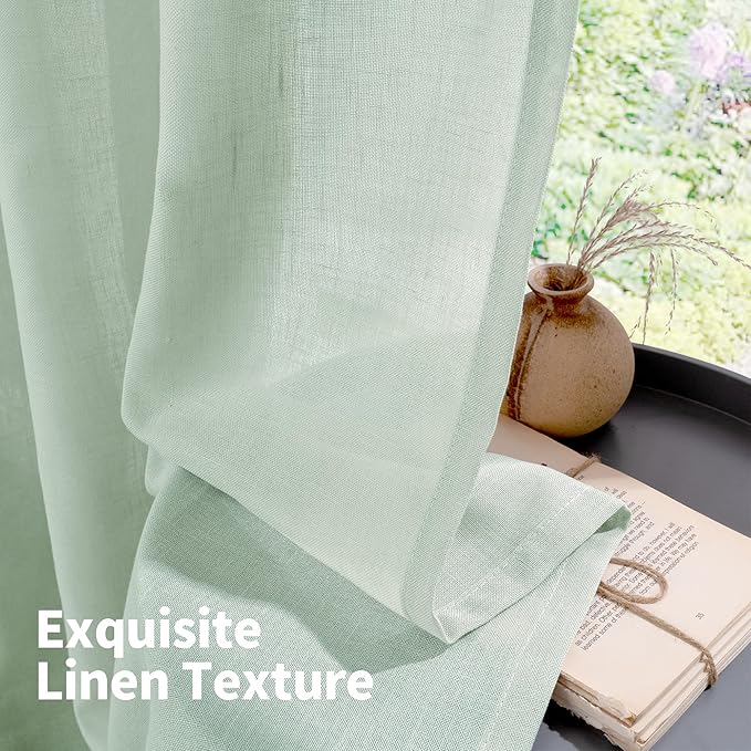 YoungsTex Short Linen Sheer Curtains 54 Inch Length for Window, Light Sage Green Textured Drapes Light Filtering for Bedroom Kitchen Bathroom Lightweight Grommet, 2 Panels, 52 X 54 Inch