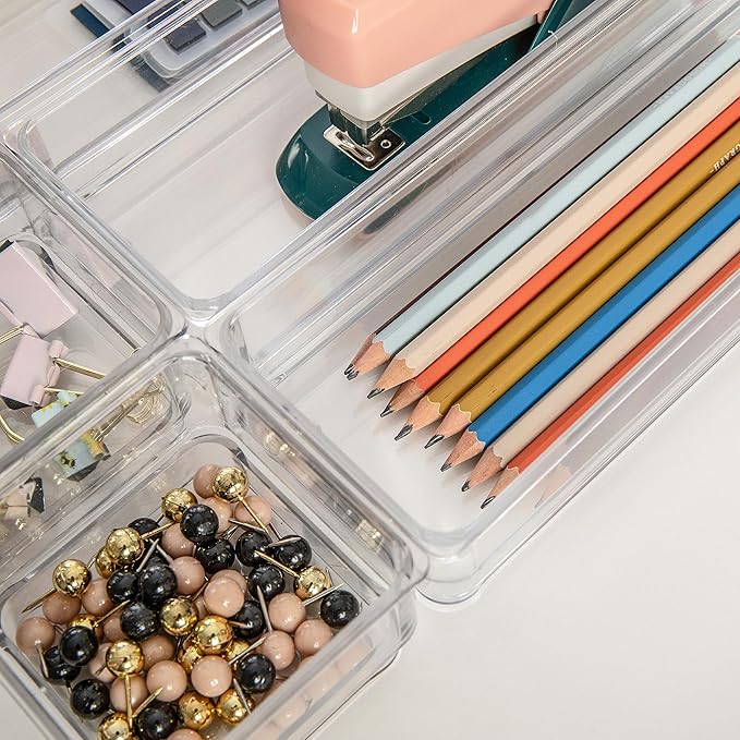 Martha Stewart Miles Plastic Stackable Office Desk Drawer Organizers, Set of 6, Clear