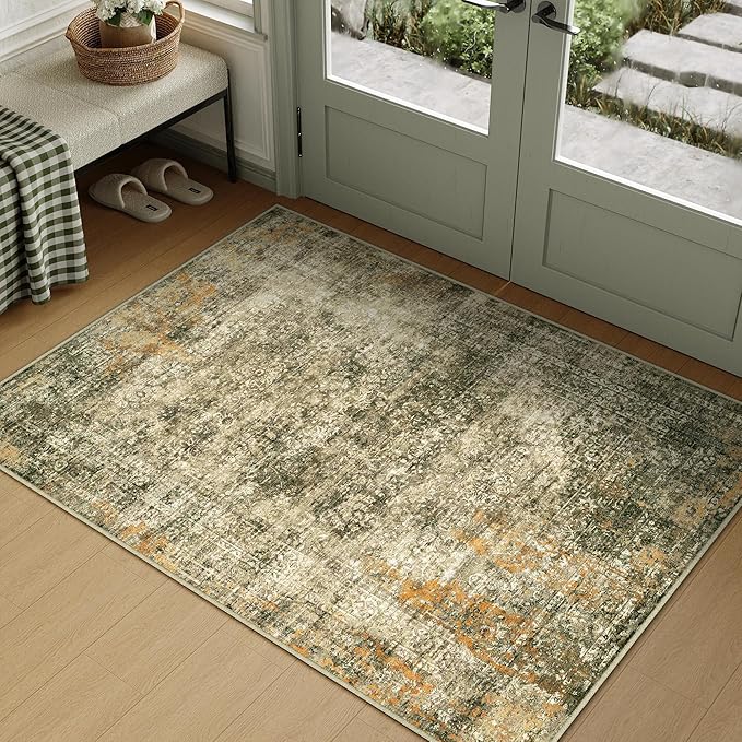 Area Rug 3x5 Brown Washable Non-Slip Lightweight Floral Vintage Distress Print Rug for Living Room Low Pile Soft Throw Indoor Carpet for Office College Dorm Laundry Dining Room Bedroom