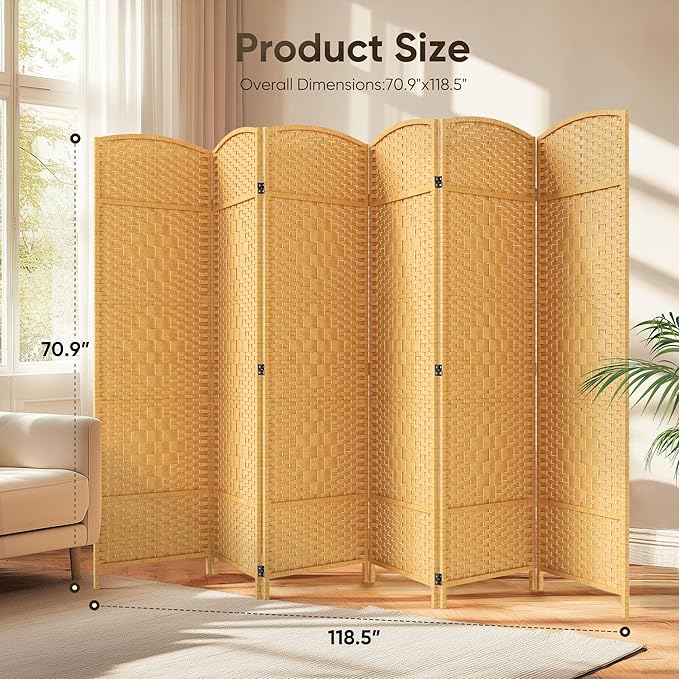 JOSTYLE Room Divider 6ft. Tall Extra Wide Extra Wide Privacy Screen, Folding Privacy Screens with Diamond Double-Weave Room dividers and Freestanding Room Dividers Privacy Screens(Yellow, 6-Panel)