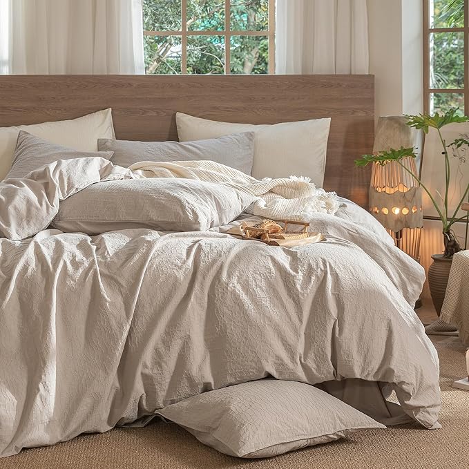 MooMee Wavy Striped Duvet Cover Set 100% Washed Cotton Linen Like Textured Breathable Durable Soft Comfy (Beige, Queen 90"x90")