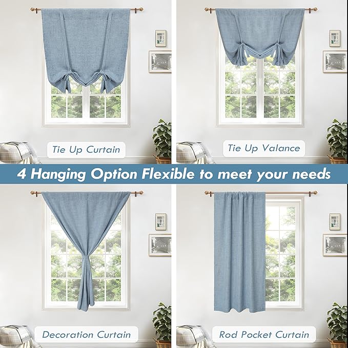 DriftAway Double Layer Linen Blackout Tie Up Curtains Thermal Insulated Fully Lined Balloon Roman Shade Bathroom Window Adjustable Rod Pocket for Small Window 25 Inch by 47 Inch Dusty Blue