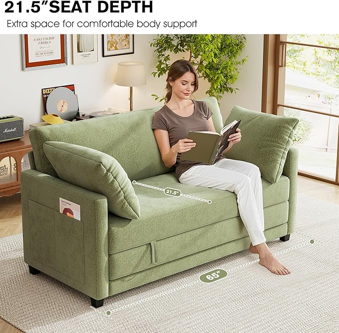 65" Loveseat Sleeper Sofa Bed, Chenille Convertible Floor Sofa Bed for Small Spaces, Folding Couch Bed with Deep Seat, 2 Pillows & Solid Frame, Pull Out Floor Couch for Living Room, Green