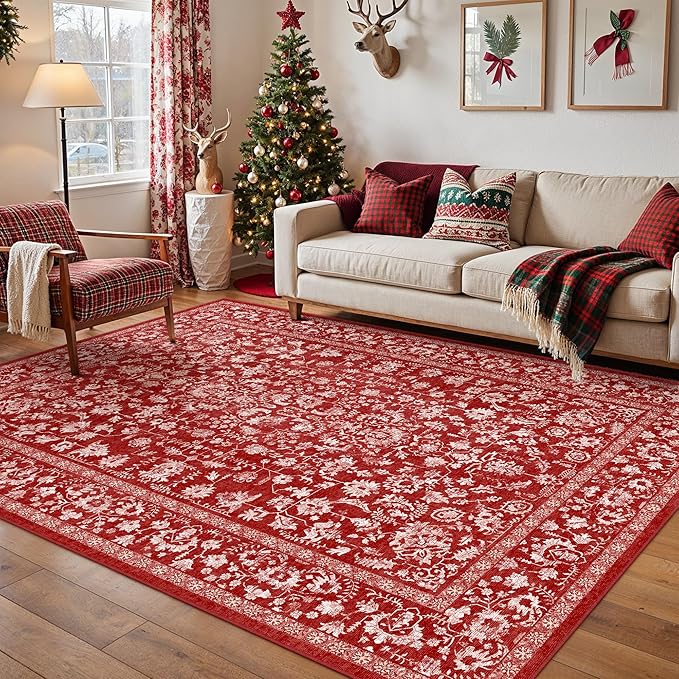 Christmas Area Rug 5x7 Red Washable Living Room Carpet Retro Distressed Floral Holiday Decor Rug Non Slip Soft Decorative Xmas Doormat for Bedroom Office Dining Room Bathroom Kitchen