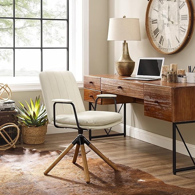 Art Leon Desk Chair No Wheels, Set of 2, Mid Century Modern Swivel Chair with Oak Wood Legs, Faux Leather Home Office Desk Chairs for Bedroom Living Room, Off White