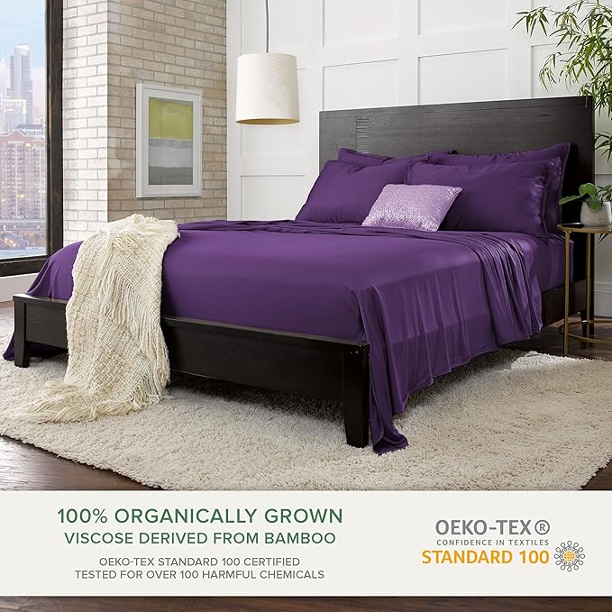 Pure Bamboo Full Sheets, Genuine 100% Organic Viscose Derived from Bamboo Bed Sheet Set, Luxuriously Soft & Cooling, Double Stitching, 2 Year Quality Promise (Full, Purple)