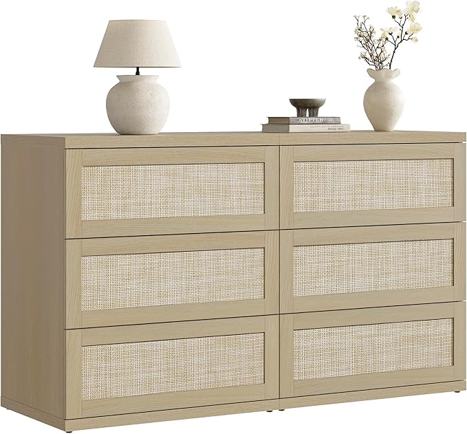 SICOTAS Dresser for Bedroom - 50" Wide 6 Drawer Dresser Rattan Dressers & Chests of Drawers Boho Drawers for Bedroom Bedside Table Clothes Large Closet Storage for Closet Hallway Entryway