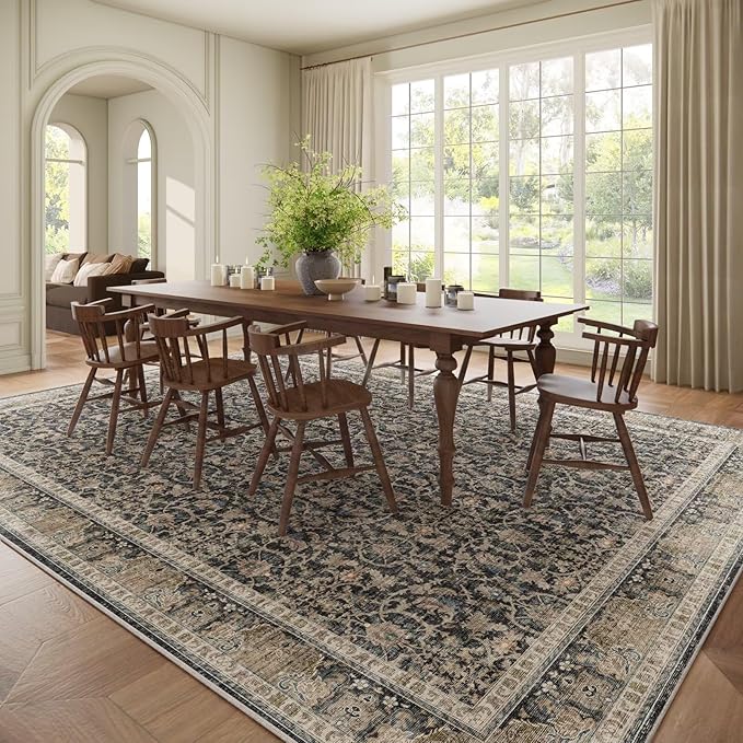 Washable 9x12 Area Rugs for Living Room, Boho Non-Slip Vintage Distress Lager Rugs for Bedroom Dining Room Nursery Office, 0.3" Neutral Oriental Throw Thin Carpet, Black/Brown/Blue/Multi