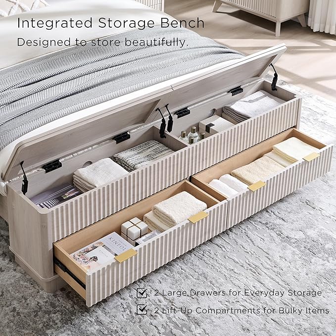 T4TREAM Fluted Queen Size Bed Frame with Wingback Headboard, Footboard Storage Bench with Built-in Drawers & Lift-Up Compartments, Wood & Steel Platform Bed, No Box Spring Needed, White Alder