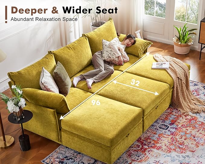 ABCASA 102.6" U Shaped Modular Sectional Sofa, 5 Seater Couch with Storage Ottoman Deep Seat and High Backrest with Removable Cover for Living Room, Apartment - Chenille Yellow