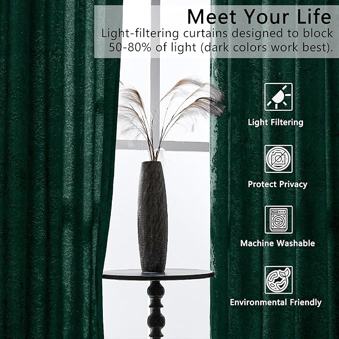 SMILETIME Forest Green Crushed Velvet Curtains 52x108inch Rod Pocket Luxurious Thermal Insulated Soundproof Drapes Soft and Durable Light-Filtering Window Treatments for Living Room Bedroom, 2 Panels