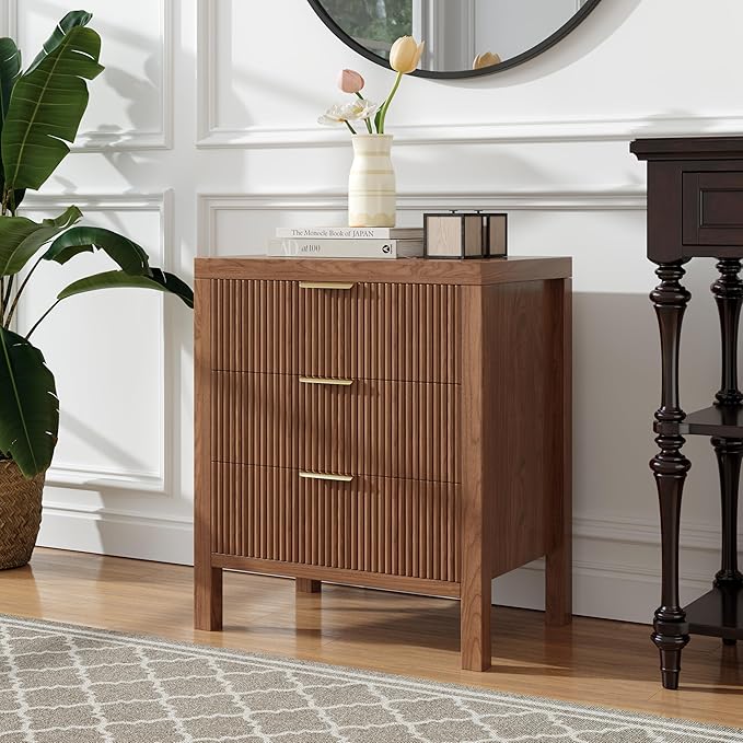 Fluted Nightstands Set of 2, Wooden Farmhouse Night Stands with 6 Drawer Bedside Table - Boho Tall End Table Accent Table for Bedroom, Living Room, Walnut