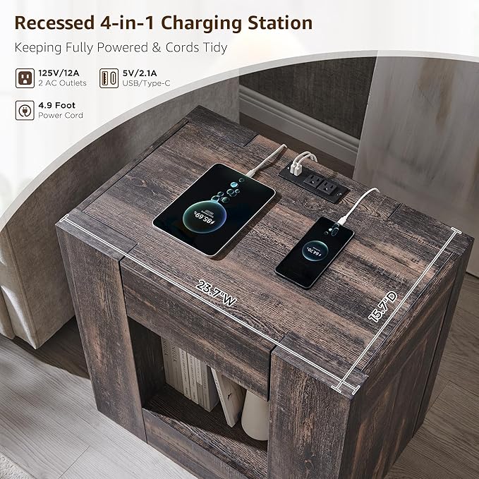 OKD 24'' Modern Nightstands Set of 2, Large Wooden End Table with Charging Station & Drawer & Storage Shelf, Rustic Square Bedside Table for Bedroom, Living Room, Wood Thick Design,Dark Rustic Oak