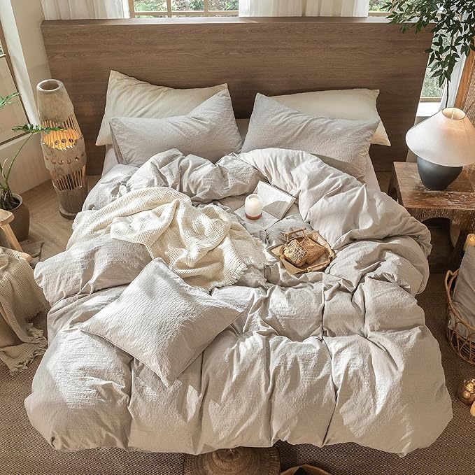 MooMee Wavy Striped Duvet Cover Set 100% Washed Cotton Linen Like Textured Breathable Durable Soft Comfy (Beige, King 104"x90")