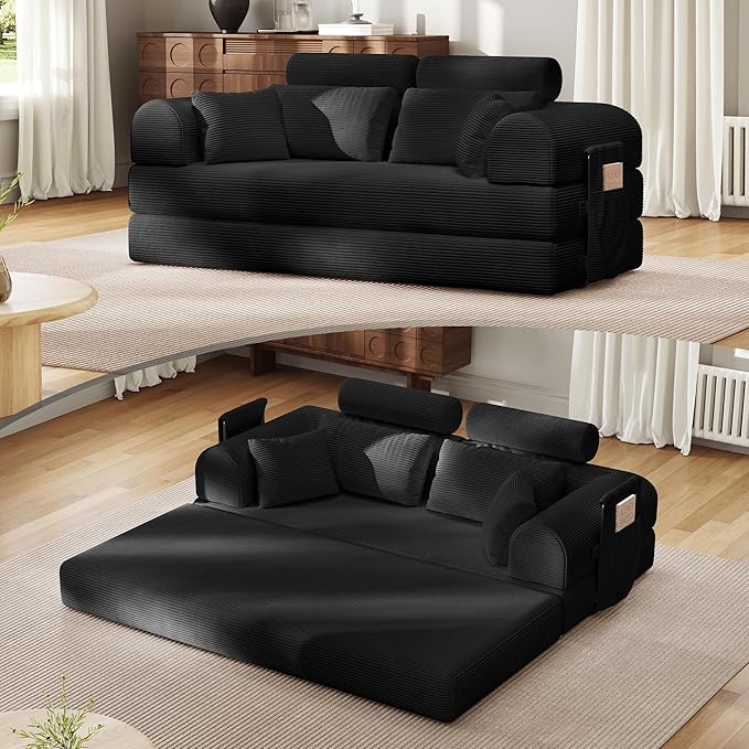 Upgrade High Backrest Design Sofa Bed with Fixed-Shape Frame & Removable Armrests and Backrest, Corduroy Fabric, Convertible Mattress Couch for Small Spaces - No Assembly Needed (High Backrest Black)