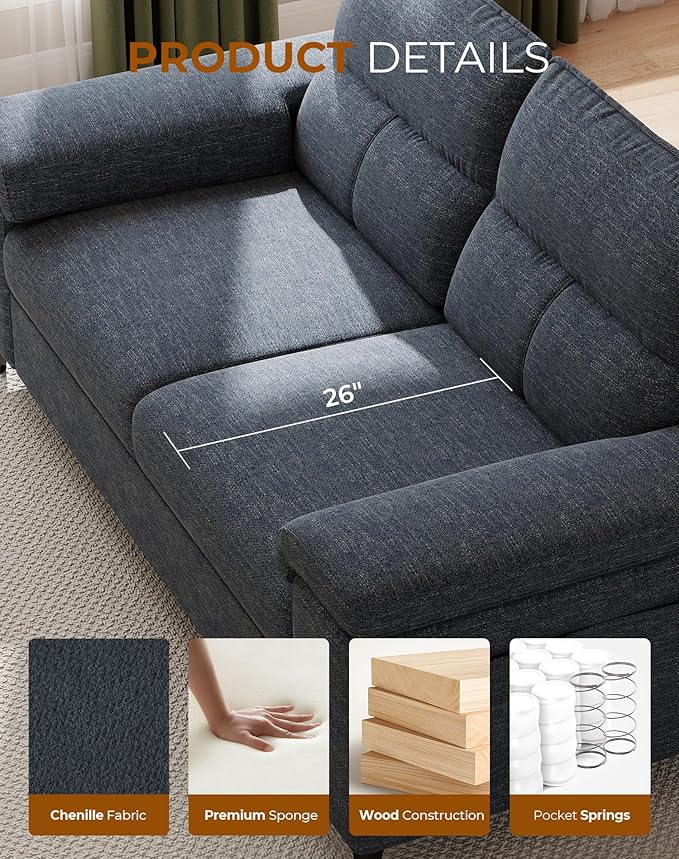 88.97" Modern Sofa Couch for Living Room, Deep Seat Sofas with 8”Cushion, Comfy 2-Seater Chenille Loveseat with Convertible Armrest, Removable Sofa Cover, High Leg (Blue)