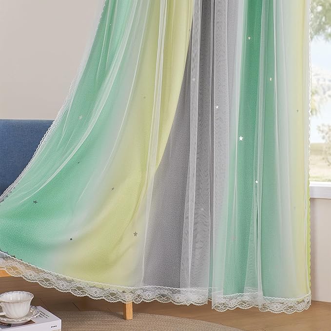 XiDi Yellow Blackout Curtains for Bedroom, Kids Room, Girls Room - Rainbow Unicorn Wall Decals, Grey Green 34X72 Inch Long