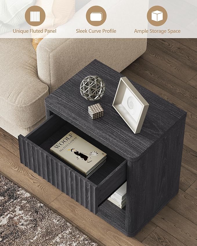SICOTAS Night Stand Set of 2 Nightstands with Drawer Storage Fluted Bed Side Table End Table Large Modern Wide Bedside Mid Century Night Stands for Bedroom Living Room Sofa Office, Dark Grey Alder