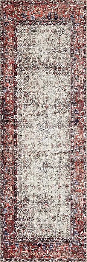 Loloi Layla Collection LAY-12 Ivory/Brick 2'-6" x 9'-6" .13" Thick Runner Rug, Soft, Durable, Vintage Inspired, Distressed, Low Pile, Non-Shedding, Easy Clean, Printed, Living Room Rug