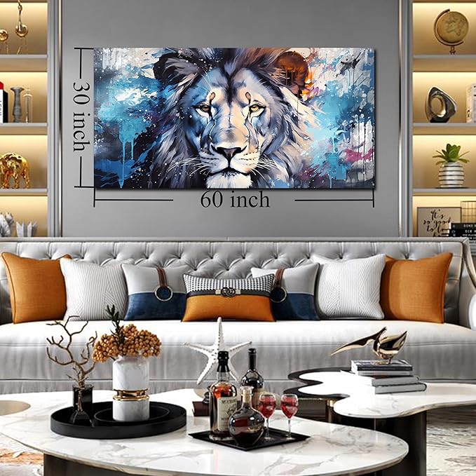 ENTANUB Large Wall Art for Living Room, Lion Canvas Print Painting for Bedroom, Blue Animal Picture Decor, Size 60x30 Inches
