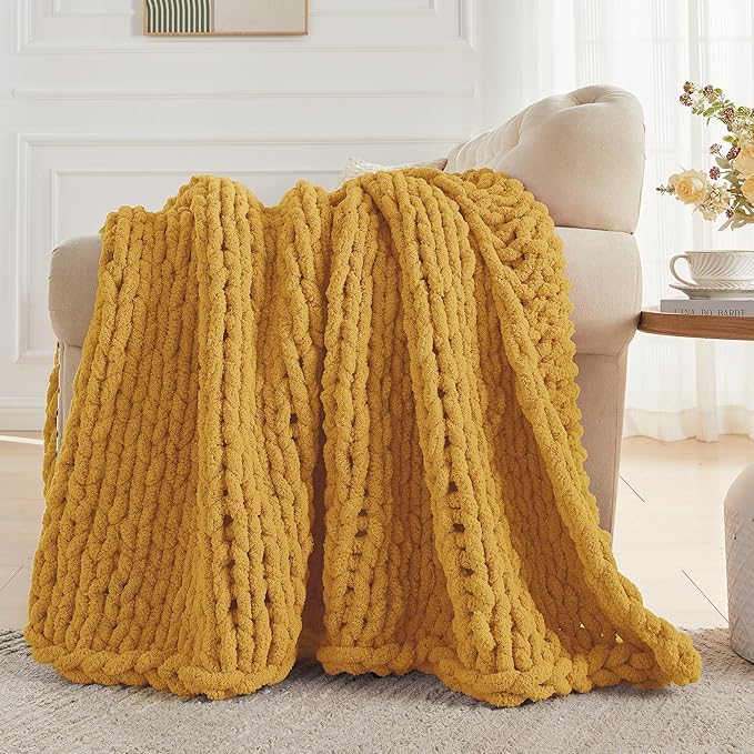 Carriediosa Chunky Knit Throw Blanket 50" X 60", 100% Hand Made Large Chenille Loop Yarn Soft Fluffy Throws for Couch Sofa Bed, Big Crochet Cozy Heavy Thick Cable Woven Blanket, Yellow