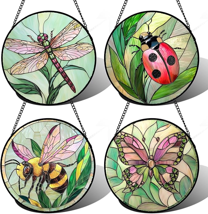 Stained Glass Window Hanging 4 Pcs Set Pink Green Insect Theme Large 11.8" - Butterfly Suncatcher Door Garden Sun Catcher Decor Birthday Christmas for Mom Woman Nana Men