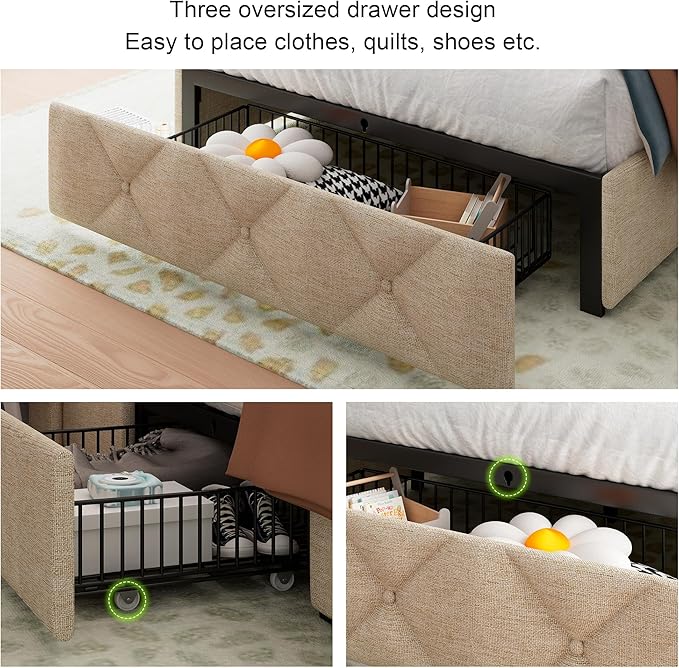Feonase Twin Bed Frame with 3 Storage Drawers, Upholstered Platform Bed with Fast Charging Station, Wingback Storage Headboard, Wooden Slats Support, No Box Spring Needed, Easy-Assembly, Beige