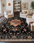 Area Rugs 10'x14' Washable Non-Slip, Floral Vintage Distress Print Pattern Medallion Carpet for Living Room Bedroom Dining Room, Black Colorful Floral Dark Tan