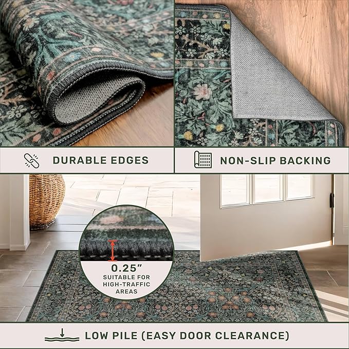 Non Slip 2x6 Kitchen Runner Rug Washable, Rubber Backed Hallway Runner Rugs, Boho Vintage Floral Botanical Dark Green Non Skid Carpet for Entryway, Bathroom, Hall Way Mats for Floor