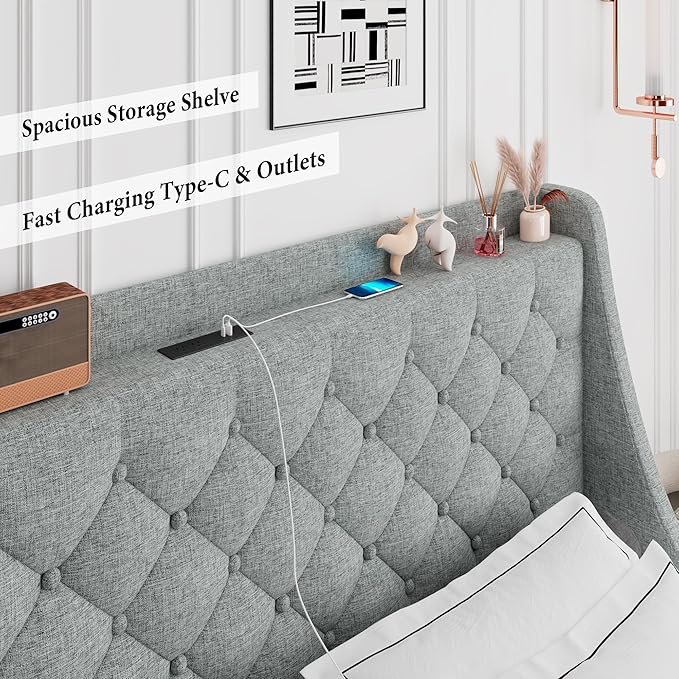 iPormis Full Size Bed Frame with 4 Storage Drawers, Upholstered Platform Bed Frame with Type-C & USB Ports, Wingback Storage Headboard, Solid Wood Slats, No Box Spring Needed, Light Gray