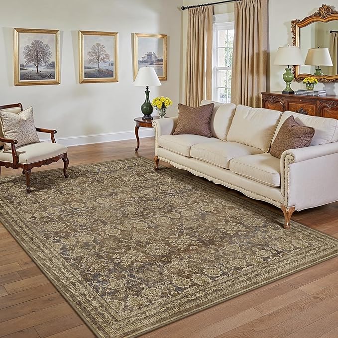 6x9 Vintage Area Rug Brown Washable Living Room Large Non Slip Carpet Bedroom Indoor Office Low Pile Traditional Distressed Retro Floral Accent Rug for Dining Room Kitchen