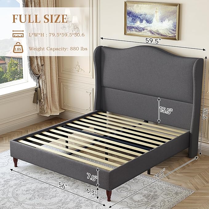 koorlian Full Upholstered Bed, Soft Chenille Sleigh Platform Bed Frame with Wingback Tall Headboard, Retro Minimalist/No Box Spring Required/Easy Assembly, Grey
