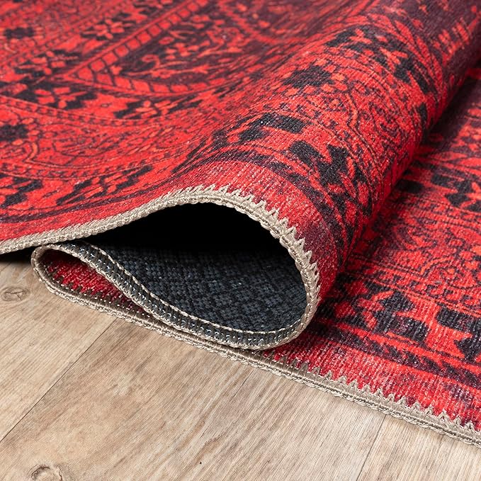 Bloom Rugs Washable Non-Slip 2' x 3' Rug - Red Traditional Bordered Area Rug for Living Room, Bedroom, Dining Room, and Kitchen - Exact Size: 2' x 3'