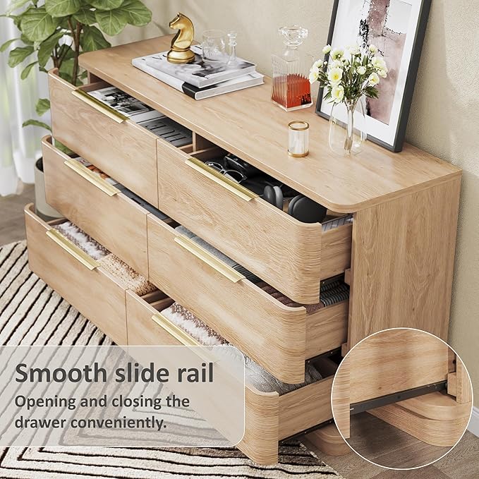 6 Drawer Dresser for Bedroom, 54" Wide Modern Chest of Drawers with Metal Handle, Curved Profile Design, Wooden Oak Dresser Closet Clothes Storage TV Stand for Living Room, Hallway