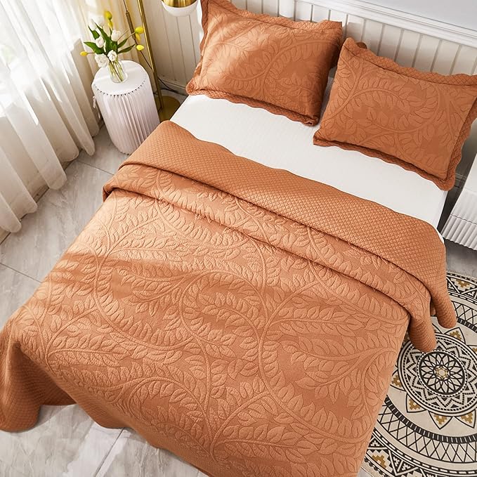 MarCielo 3-Piece 100% Cotton Oversized Bedspread Lightweight Quilt Coverlet Embroidery Farmhouse Bedding Set T0 (Royal Orange, Oversized Queen (100"x106"))