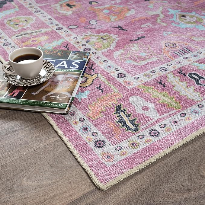 Fame Rugs Pink Modern Oushak Rug 3x5, Washable Vintage Turkish Colorful Oriental Antique Inspired Foldable Small Area Rugs, Luxury Living Room Bedroom (995PP, 2'6" x 5')