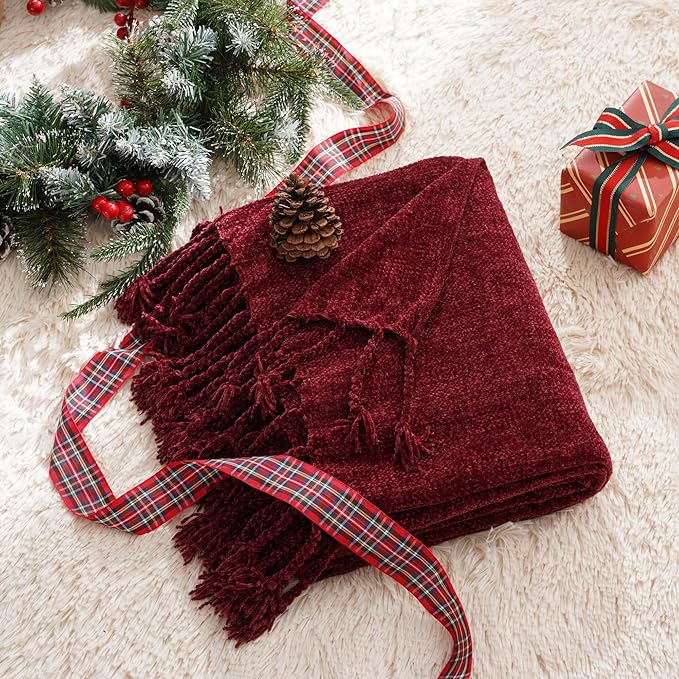 BATTILO HOME Burgundy Chenille Throw Blanket, Decorative Red Knit Throw with Fringe, Lightweight for Christmas Decor, 50"x60"