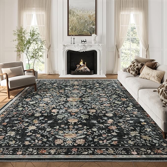 AMADA HOMEFURNISHING Area Rugs 9x12, Washable Floral Rug Non Slip Large Living Room Rug Vintage Distressed Soft Carpet for Bedroom, Dinning Room, Home Office
