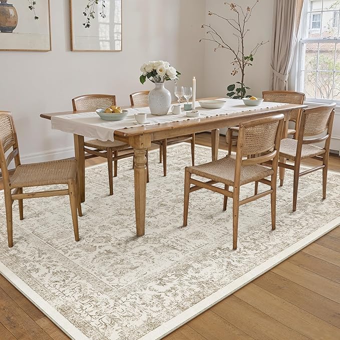 Light Brown Area Rug 5x7 Machine Washable Vintage Living Room Distressed Non Slip Carpet Traditional Indoor Bedroom Retro Floral Accent Throw Large Rug Office Kitchen Bathroom Dining Room