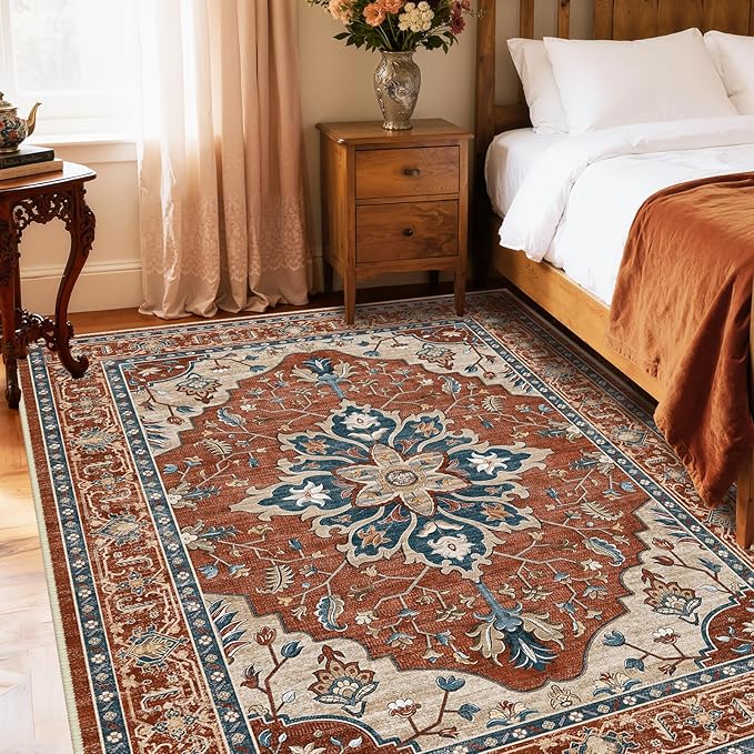 Area Rugs 6'x9' Washable Non-Slip, Floral Vintage Distress Print Pattern Medallion Carpet for Living Room Bedroom Dining Room, Red Orange Blue Brown