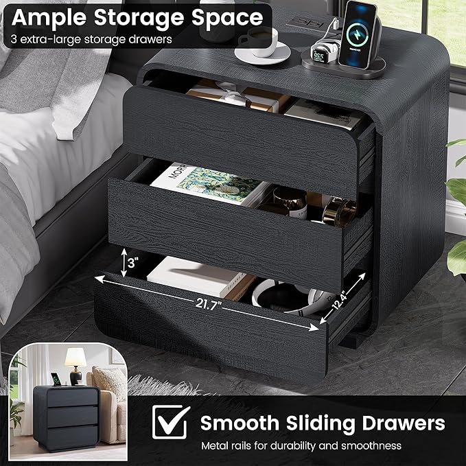 Black Curved Night Stand Set of 2 with Charging Station, 25" Tall Wood Bedside Table Nightstand with 3 Storage Drawers, Mid Century Modern End Table for Bedroom, Office