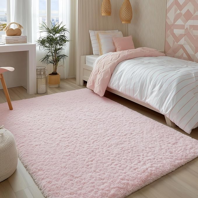 PAGISOFE Pink Rugs for Girls Bedroom 4x6 Ft Fluffy Cute Girls Room Decor Aesthetic Area Rugs Kawaii Baby Nursery Rugs Plush Playroom Shag Teen Girl Rug Thick Fur Dorm Rug Living Room Carpet