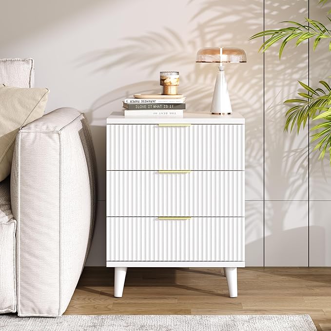 Fluted White Night Stand Set of 2 with USB Charging Station, 3-Drawer Dresser Wood Modern Bedside Table with Quiet Drawers & Large Storage End Table for Bedroom