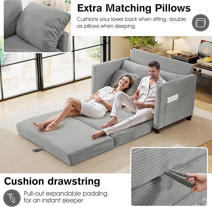 51" Loveseat Sleeper Sofa Bed, Corduroy Convertible Floor Sofa Bed for Small Spaces, Folding Couch Bed with Deep Seat, 2 Pillows & Solid Frame, Pull Out Floor Couch for Living Room, Grey