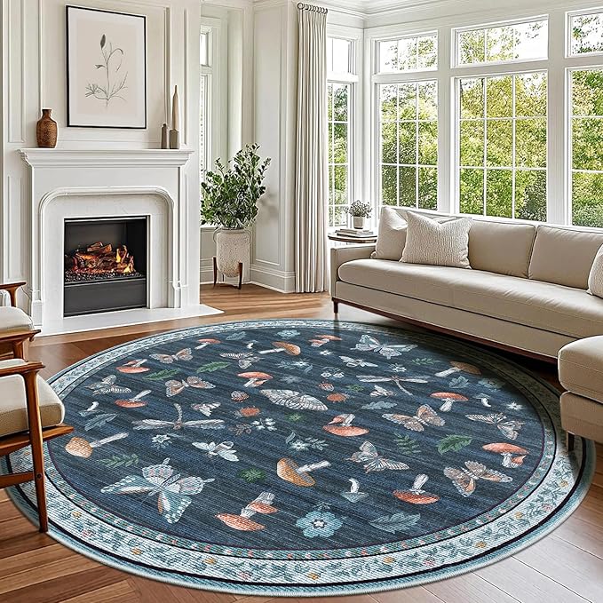 Mushroom Insect 6ft Round Rug Washable Non-Slip Soft Ultra-Thin Boho Circle Carpet for Living Room Bedroom Kitchen Nursery Dining Room Blue