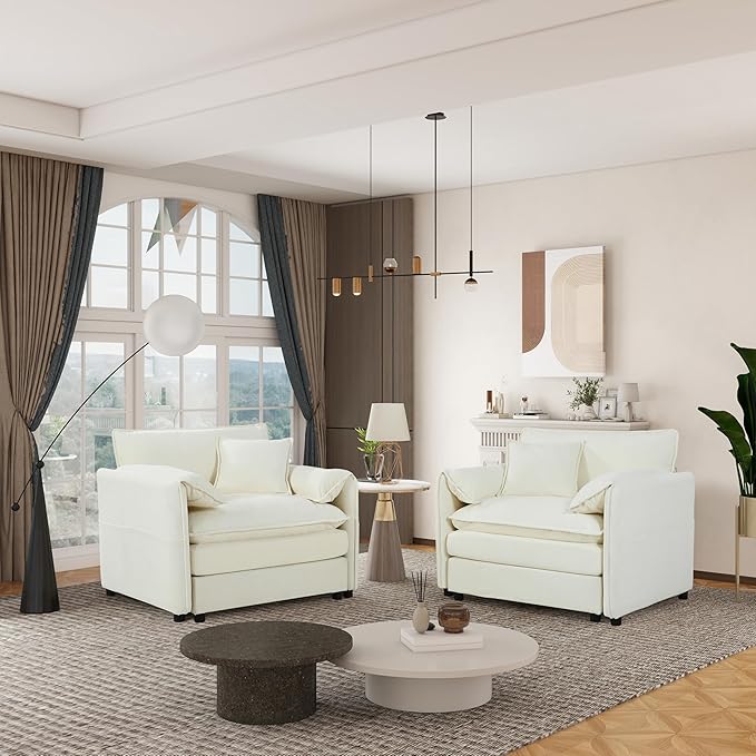 KEIKI Oversized Accent Chair Set of 2, Comfy Chenille Upholstered Armchairs with Side Storage Pockets, Deep Seat Reading Chairs for Living Room, Bedroom, Apartment, Beige