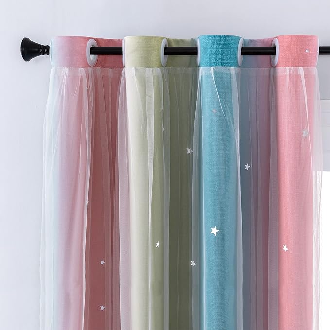 XiDi Curtains for Bedroom Decor, Rainbow Pink-Blue-34-54