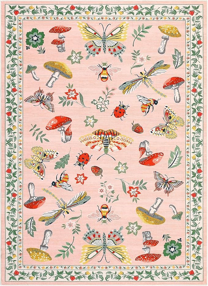 Mushroom Insect 8x10 Area Rugs, Washable Rugs for Living Room Non Slip Stain Resistant Low Pile Modern Butterfly Carpet for Bedroom Dining Room Nursery Playroom Office, Light Pink